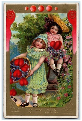 #ad 1910 Valentine Girls Hearts Pansies Flowers Embossed Posted Antique Postcard $9.72