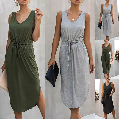 #ad Women Summer V Neck Midi Tank Dress Ladies Casual Elastic Sleeveless Sundress US $18.39