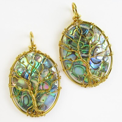 #ad 2Pcs Wrapped Abalone Shell Tree Of Life Oval Pendant Bead 57x34x7mm D38207 $16.37
