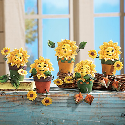 #ad #ad Set of 5 Anthropomorphic Sunflower Shelf Sitters Figurine Poseable Home Decor $26.98