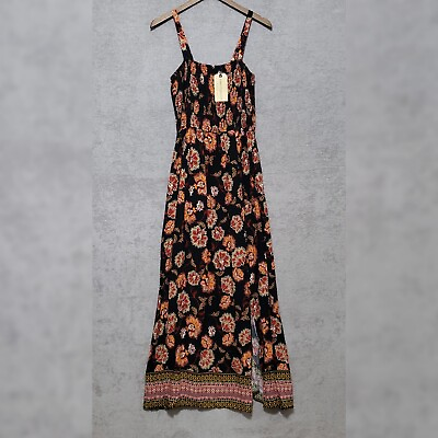 #ad Band of Gypsies Dress Large Maxi Boho Smocked Black Strappy Long Slit Sundress $33.95