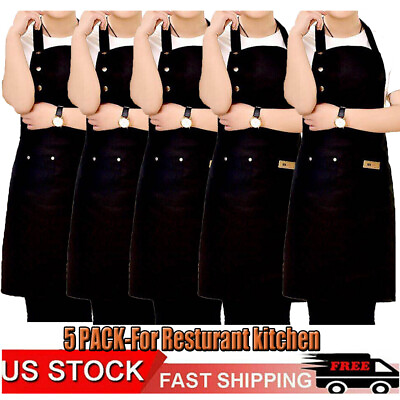 #ad 5PCS Men Women Adjustable Bib Apron Cook Kitchen Restaurant Chef Dress Black US $40.93