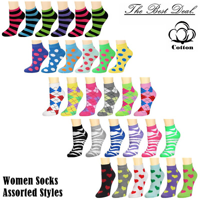 #ad 6 12 Pairs Womens Assorted Styles Athletic Low Cut Ankle Socks Cotton Size 9 11 $7.88
