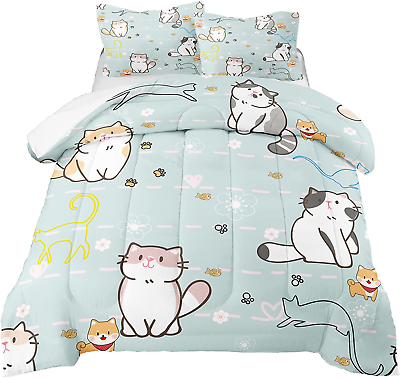 #ad Cat Comforter for Girls Kids Teen Cartoon Cat Bedding Set Full Size Cute Anima $51.99