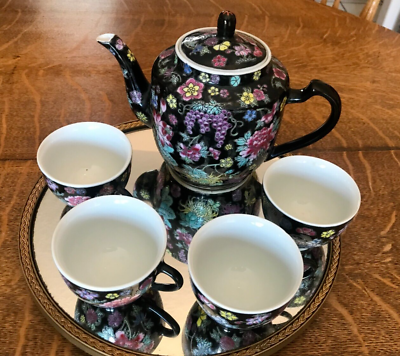 #ad Chinese Millefleur Famille Noire Black Porcelain Enamel Teapot 4 Cups and Tray $89.00
