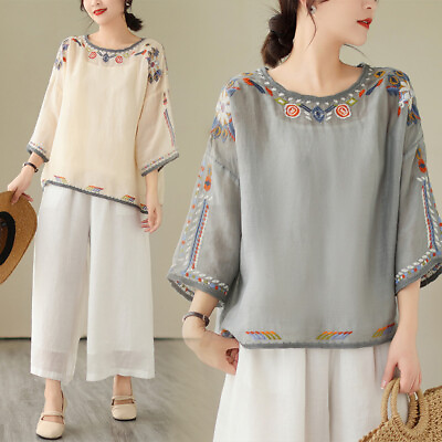 #ad Loose Fitting Oversized Ethnic Embroidered Round Neck Top T shirt Women Shirts $33.28