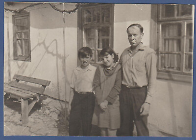 #ad Handsome Man with Kids near the House Soviet Vintage Photo USSR $6.99