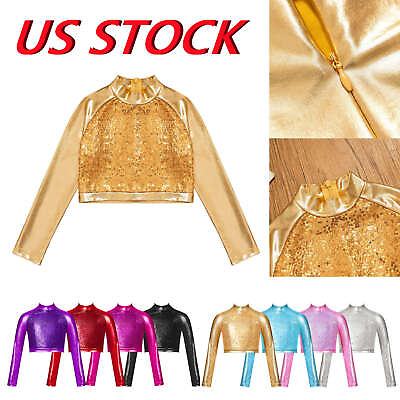 #ad US Girl Shiny Sequins Dance Crop Top for Kids Jazz Modern Dance Shirts Dancewear $6.36