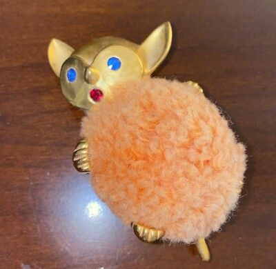 #ad Vintage Playful Cat Pin Cushion Gold Metal with Coral Pom Blue Rhinestone Eyes $24.99