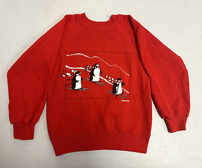 #ad Vintage 80s Kids Sweatshirt SMALL 6 8 Red Penguins Skiing Snow Sweater USA $12.88