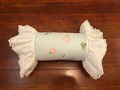 #ad VTG Croscill Neck Roll Throw Pillow Blue Floral White Eyelet Ruffle Cottagecore $28.00