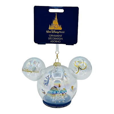#ad Blue Base 50th Anniversary Mickey Icon Glass Cinderella Castle Disney Ornament $127.46
