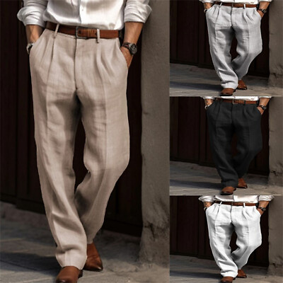 #ad Men#x27;s Linen Trousers Double Pleated Straight Business Casual Daily Holiday Pants $19.18