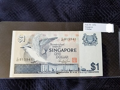 #ad Singapore 1 Dollar 1976 Pick #9 Almost Uncirculated Serial #C 41 815941 $7.99