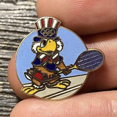 #ad Vintage Eagle Mascot Olympics Playing Tennis Lapel Pin Vest Collectible EUC K255 $6.95