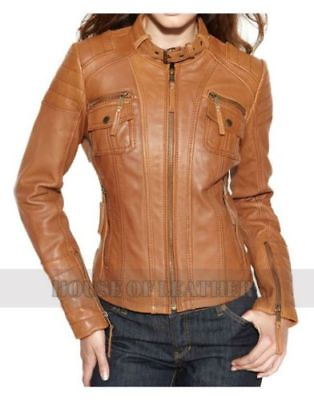 #ad Ladies Women Leather Jacket Brown Tan Slim Fit Biker Motorcycle GBP 92.99