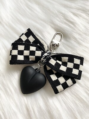 #ad Heart Bow Bag Charm Key Ring Fob Keychain Purse Charm Black Checker New $9.99