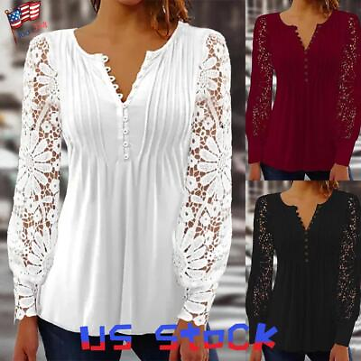 #ad Womens Lace V Neck Tops T Shirts Ladies Long Sleeve Casual Pullover Solid Blouse $21.29