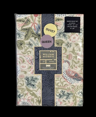 #ad WILLIAM MORRIS England QUEEN Cotton 3 PC Duvet Cover Set Strawberry Thief Summer $114.95