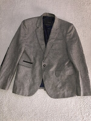 #ad Zara Man Blazer Mens 46 Black Tag Gray Elbow Pads Business Jacket Herringbone $24.85