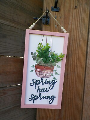 #ad Hanging Decor Wooden Spring Has Sprung Sign Pink Frame 3D Plant Hung By Rope $5.00
