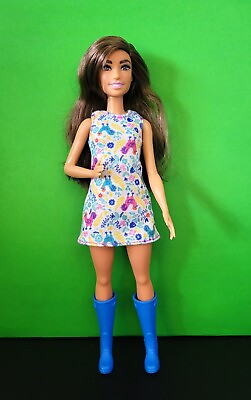 #ad Barbie with Brown Hair in Mulitcolor Dress Doll $12.99
