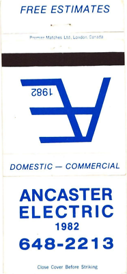 #ad Ancaster Electric 1982 Domestic Commercial Vintage Matchbook Cover $9.99
