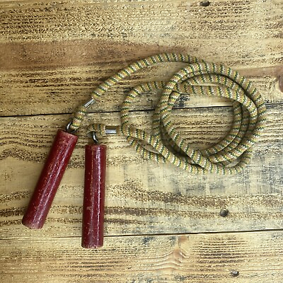 #ad Wooden Wood Handle Jump Rope Red Handles Yellow Rope Vintage Toys VTG Kids Toys $19.99