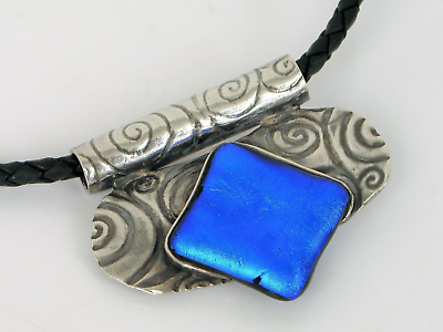 #ad VTG BEAUTIFUL SIGNED DDD 2007 DICHROIC ART GLASS BLUE STERLING SILVER PENDANT $125.00