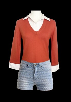 #ad New York amp; Co Layered Sweater Orange Knit White Collar amp; Cuffs 3 4 Top Size M $15.95