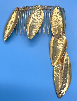 #ad Hair Comb Clear Teeth Dangle Gold Tone Metal Leaves 3quot; W x 4.5quot; L VTG $12.97