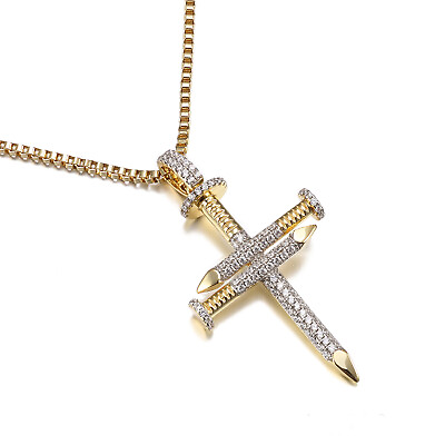 #ad 925 Sterling Silver Gold Plated Nail Cross With Cubic Zirconia Pendant $39.99