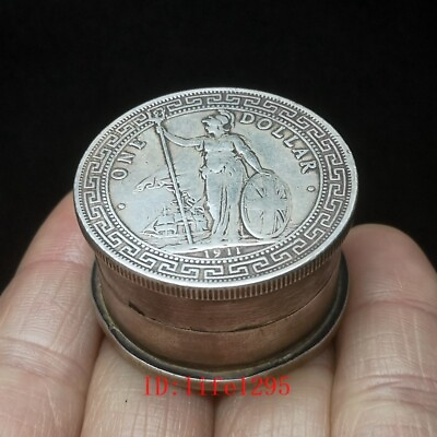 #ad Old Chinese Tibet Silver Inlay Stand Person Statue Coin Inkpad Box Seal Boxes $25.99