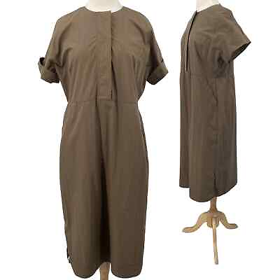 #ad CO Essentials Midi Dress Button Up Cuffed Short Sleeve Cotton Pockets Taupe M $145.00