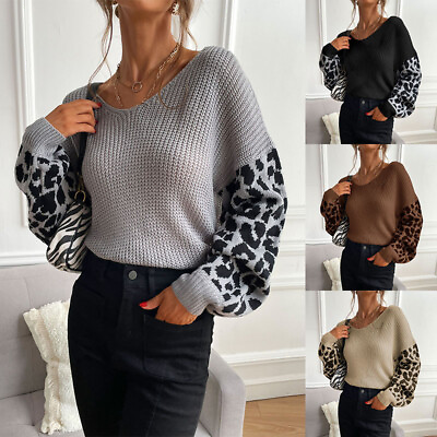 #ad Women#x27;s Autumn Winter Crewneck Knit Pullover Leopard Print Sweater Long Sleeves $43.71