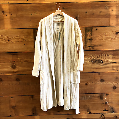 #ad OS Woolish Ivory Ribbed 100% Wool Maxi Belted Cardigan Duster Sweater 0817AS $48.00