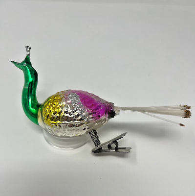 #ad Vintage Christmas Glass Clip On Bird Peacock Ornament Germany Pink Green $19.99