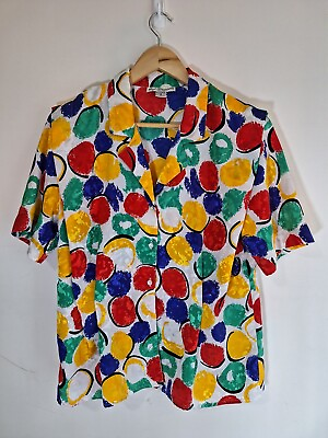 #ad Vintage 70s Eva Laurel Circle Multicolor Button Up Top Size 10 Made in USA AU $15.00