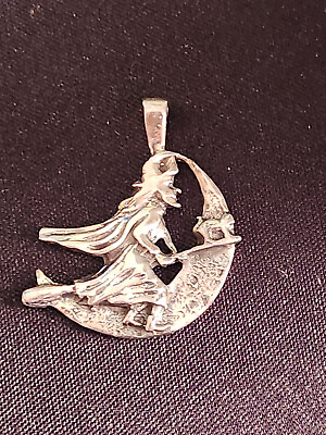 #ad Moon Witch with Cat Pendant Sterling .925 Silver 1.5 inch Lot 1606 $27.72