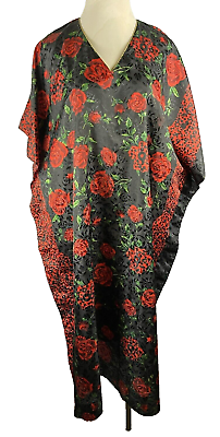 #ad Vintage Black Red Rose Kaftan Caftan Maxi House Dress MuuMuu One Size Gold Coast $20.00