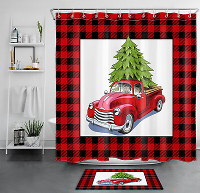 #ad Red Black Check Plaid Truck Pine Tree Xmas Shower Curtain Set for Bathroom Decor $12.99