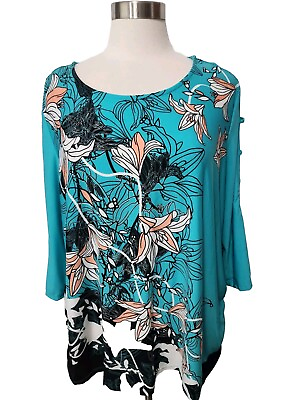#ad Anthony Richards Women 2X Tunic Top Turquoise Floral 3 4 Cutout Sleeves Pullover $14.97