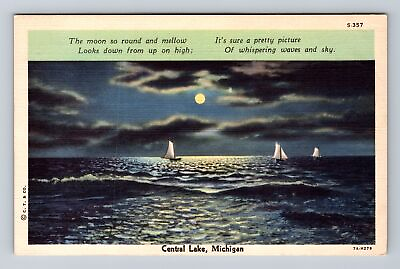 #ad Central Lake MI Michigan Moonlight and Sailing over Lake Vintage Postcard $7.99