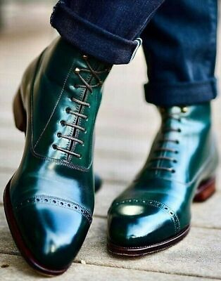 #ad NEW HANDMADE REAL LEATHER GREEN ANKLE HIGH CAP TOE FORMAL DRESS BOOTS FOR MEN $176.77