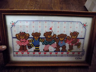 #ad Vtg ADORABLE Teddy Bear Ballet Cross Stitch Finished Wooden Framed 15.5quot; x 9.5quot; $24.99