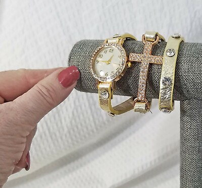 #ad Just Wrap It On Watch and Gold Tone Crystal Cross Wrap $18.95