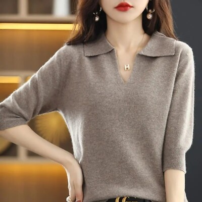 #ad Woman V neck Knitted Top Fashion Knitted Sweater Pullover Short Sleeved T Shirts $15.80