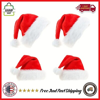 #ad 4 X Santa Hat Xmas Hat Father Christmas Hat 2 Adults 2 Childrens Deluxe Plush 4 $15.22