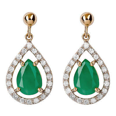 #ad 10k Yellow Gold Genuine Pear Shape Emerald and Diamond Halo Dangle Earrings $239.92
