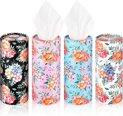 #ad 4 Pack Car Tissue Boxes round Car Tissue Holder with Facial Tissue Floral Travel $9.99